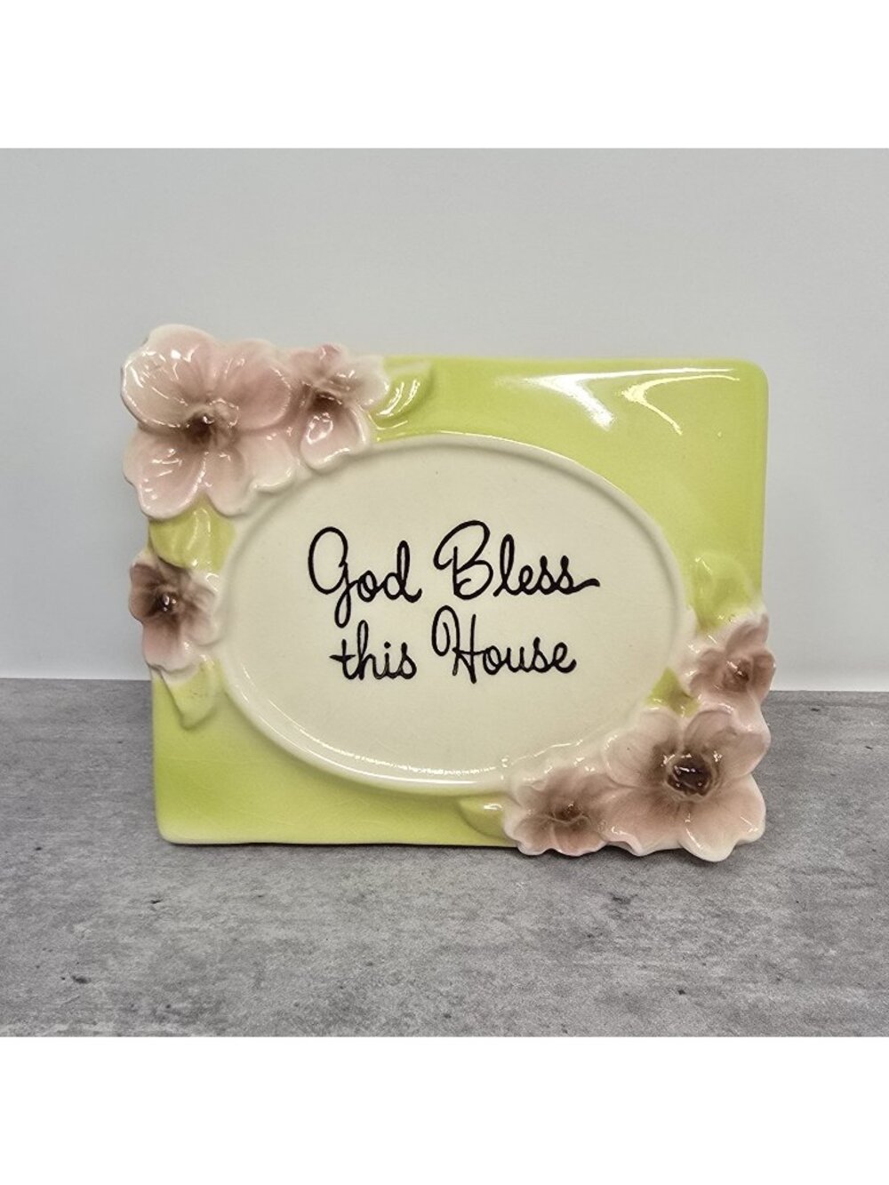 royal copley Dogwood Planter Plaque 1950s God Bless This House Chartreuse Pink